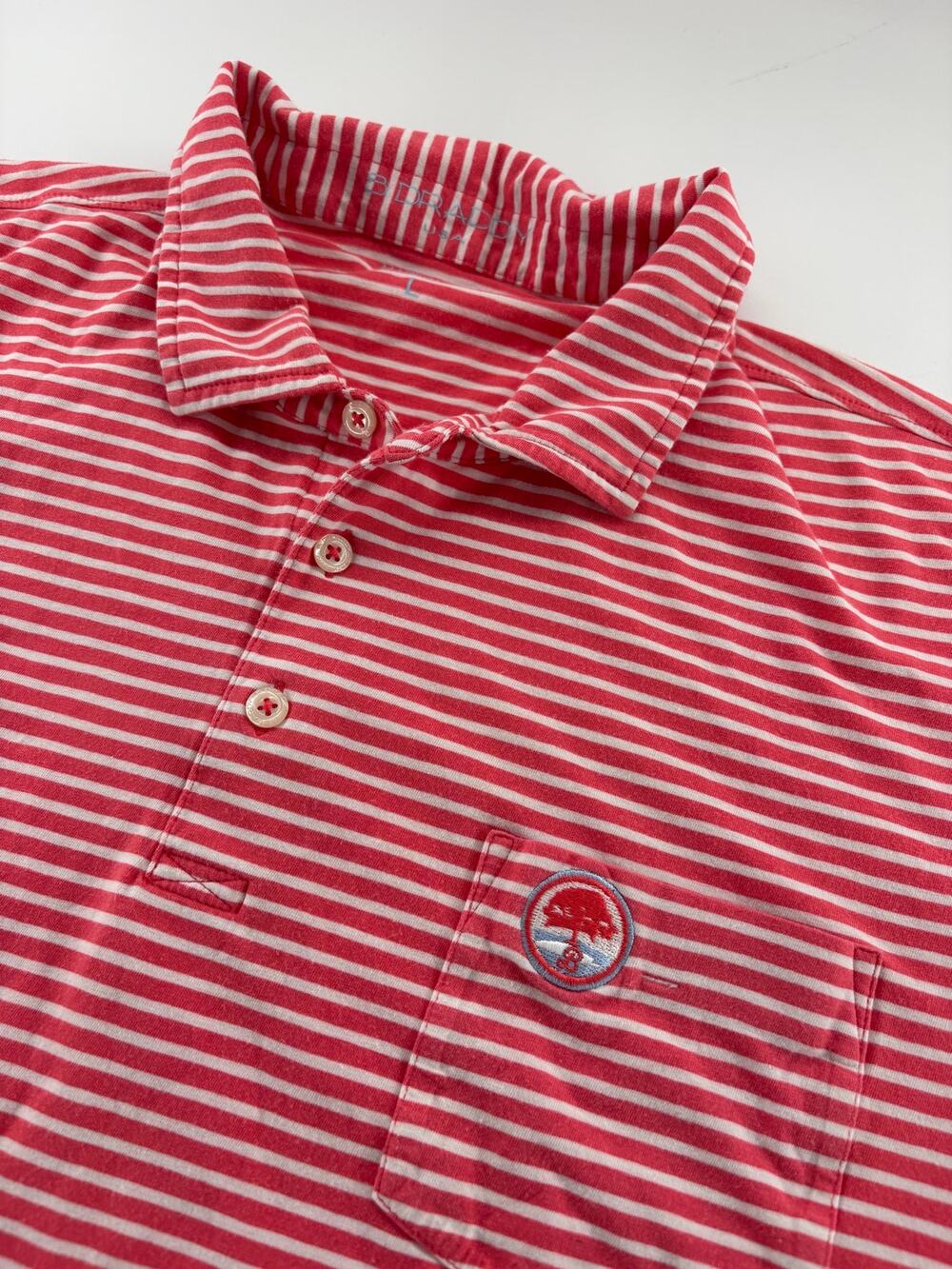 B.Draddy Men's Large Peach White Striped Polo Shirt Pima Cotton Tree Logo Peru